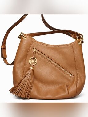 Michael Kors Brown Pebbled Leather Hobo Shoulder Bag Tassel Gold Hardware Large